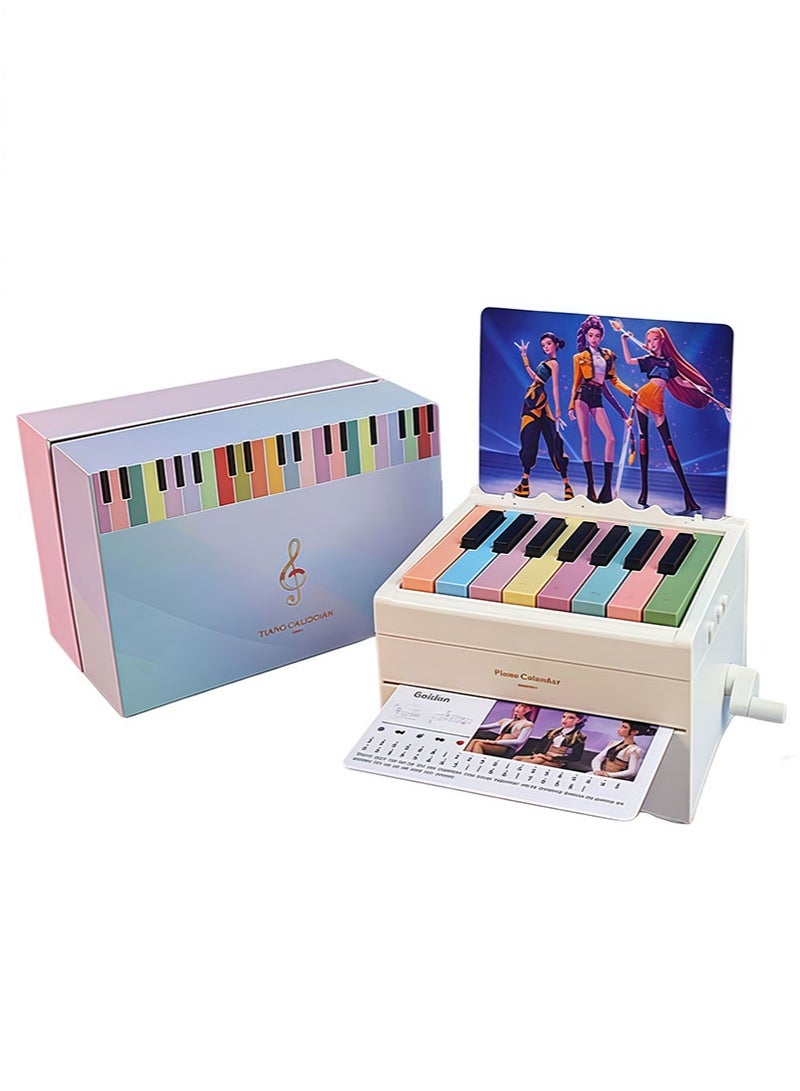 Kpop Demon Hunters Piano Desk Calendar 15-Key Illuminated Style Playable Desktop Piano Calendar 12-Song Manual-Crank Piano Desk Calendar （White） - Image 1